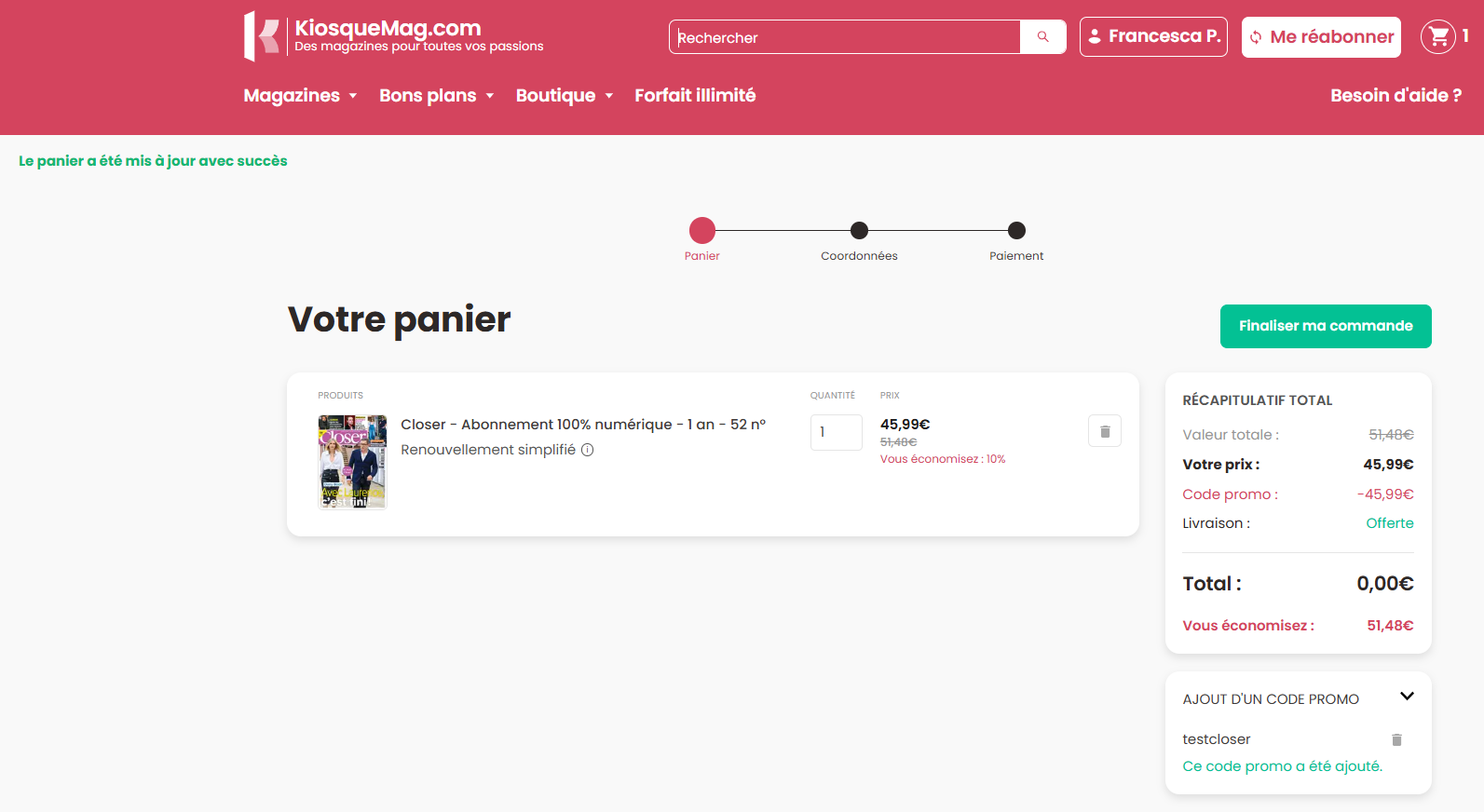 Utilisation d'un code promo sur KiosqueMag